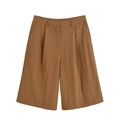 Pantalón corto de mujer marrón en mezcla de lino con talle alto y pernera ancha - XS / Bottoms / Naranja