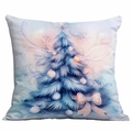Detail of square pillowcase with light blue Christmas tree print and pink bow decoration - Blue Tree with Pink Bow (CDR350-16)
