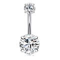 Silver belly button ring featuring double round clear zircon stones with bottom reflection - Silver-Double Round