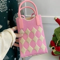 Pink and beige knit phone bag with diamond pattern and pink handle grip - Rhombus Pattern Pink