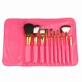 10-piece professional pink makeup brush set with animal hair and a matching travel pouch - Rose Red Zirconia Set