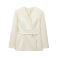 Elegant off-white V-neck blazer for women with matching belt and minimalist professional look - XS / White
