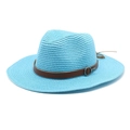 Close-up of sky blue woven straw hat featuring a brown leather band and silver metal buckle - M(56-58cm) / Lake Blue