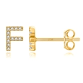 Macro detail of F-letter stud earrings with S925 silver hallmark and pave zircons - Gold F