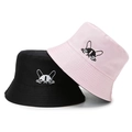 Reversible bucket hat with cute cartoon puppy embroidery in black and pink canvas - One Size / Pink