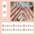 Faux ongles œil de chat champagne avec pétales blancs, perles et pois noirs élégants - MY166 Champagne à Pois (Style de Colle)
