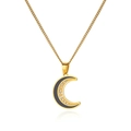 Macro view of gold crescent moon pendant with grey enamel and sparkling zircon stones - Crescent Enamel Zircon Pendant (N07010)