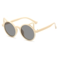 Cute beige cat-ear kids sunglasses with round grey lenses and UV protection - Beige Frame Grey Lens