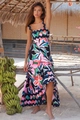 Detail of tropical floral print maxi dress featuring high waist and wavy hemline - S / Red Floral