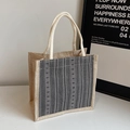 Handcrafted jute tote bag with grey striped fabric patchwork and cotton rope handles - Grey Zipper Style