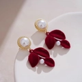 Elegant red flocked leaf earrings with pearl detail and golden vintage trim design - Flocked Leaf Artificial Pearl Style (E4241) / Gold with Dark Red