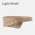 Women's light khaki wide leather waist belt with vintage gold triangle metal buckle - Light Khaki