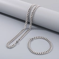 Ensemble bijoux collier et bracelet à mailles cubaines en acier argenté poli - 7mm / 20cm / Acier