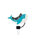 Reusable blue whale silicone straw topper with 'NO MORE PLASTIC' eco-friendly slogan - Whale No Plastic