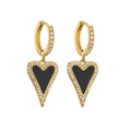 Macro view of heart-shaped gold earrings with black enamel and micro-pave cubic zirconia - Large Black Heart