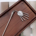 Detailed close-up of vintage silver hair pin with leaf carvings and hanging tassels - F0742 Hair Stick-25# (Antique Silver Carved Leaf Tassel)