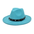 Detail of turquoise fedora hat with punk style black leather band and silver metal studs - M (56-58cm) / Lake Blue