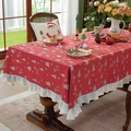 Red Christmas tablecloth with silver deer and snowflakes featuring white ruffled edges - Red Deer + White Ruffle