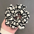 Classic black and white checkered cotton linen oversized scrunchie hair tie held by hand - 8# Grid Pattern White