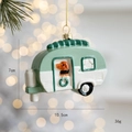 Christmas tree caravan ornament in light green with cute dog and gold hanging string - Dog Car