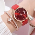 Elegant rose gold moon star quartz watch with red leather strap and matching bracelet set - Watch + Bracelet / Red
