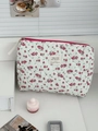 Trousse à maquillage en velours côtelé matelassé vert clair avec fleurs et zip rose - Fleur Rouge Vent Velours Côtelé [Pochette]