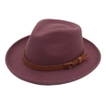 Close-up of burgundy fedora hat with brown leather band and gold buckle detail - One Size / Burgundy (Heart Brim with Yellow Rope)