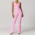 Pink yoga set featuring cross high waist flare pants and contrast trim sports bra - L / Top And Bottom / Sakura Pink (Vest + Flare Pants)