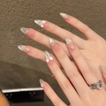 Unghie finte fatte a mano cat-eye con fiocchi 3D, perle e sfumature glitter argento - Extra Piccolo (XS) / 2208-Mandorla