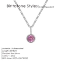 Silver stainless steel birthstone necklace with 8mm round light rose crystal pendant - October Pink - Silver