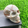 5cm hand-carved white gemstone skull with red web texture on dark wood base - Red Grid Jasper