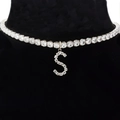 Minimalist silver S letter pendant necklace with sparkling zircons on black stand - Letter S [Silver]