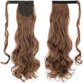 Brown long wavy ponytail extension with velcro and clip fastener on white background - Gold Brown