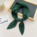 Dark green pleated square silk scarf with fine vertical accordion folds and smooth finish - Green