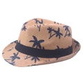 Men's straw fedora hat with navy palm tree prints and a black decorative ribbon - 58cm / Khaki