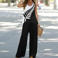 Détail d'un ensemble haut sans manches et pantalon large noir et blanc à motifs de feuilles - S / Haut Et Bas / Feuille Noir et Blanc