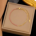 Adjustable golden stainless steel braided bracelet with pink zircon and flat chain links - Gold Stainless Steel Pink Zirconia Bracelet (SLE2031)