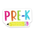 Nahaufnahme der glitzernden Pre-K Brosche mit buntem Bleistift-Design für Lehrer - Vorschule
