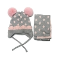 Grey and pink kids knitted hat and scarf set with heart pattern and pom-poms - Gray Polka Dots