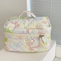 Quilted bow and floral butterfly makeup bag with cream base and top handle - Dreamy Butterfly Cosmetic Bag / Yellow