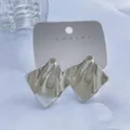 Vintage silver stainless steel stud earrings with irregular hammer texture rhombus shape - Ripple Rhombus / Steel