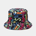 Close-up of vibrant graffiti print and abstract text on a black cotton bucket hat - M (56-58cm) / Multicolor Abstract Lines Graffiti (2#色)