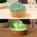 Green fluorite crystal cluster night light with wooden base in on and off states - Raw Green Fluorite-Cold Light