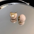 Beige enamel dome earrings with gold plating and pearl accents on reflective surface - Light Khaki Hemispherical Ear Buckle