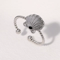 Silver shell-shaped stainless steel ring with twisted rope texture and adjustable band - Steel