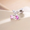 Silver cherry cartilage stud earring with pink zircon stones and screw-back design - Single Piece / Pink Rose Red (A665-2#)