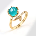 Elegant mermaid tail open ring with large round lake blue stone in gold plating - Mermaid Tail Blue Stone Style (AJ758)