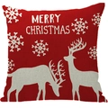 Red Christmas pillowcase with white reindeer and snowflake patterns on linen texture - A09