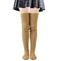 Close-up of camel cable knit over-knee leg warmers showing detailed wool texture - Camel