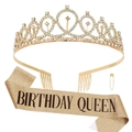 Golden Birthday Queen gift set with sparkling sash and rhinestone crown tiara - BIRTHDAY QUEEN Gold Set